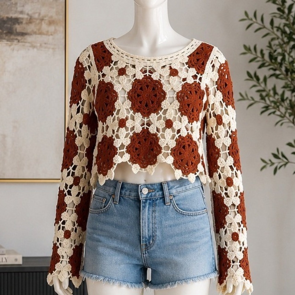 Rebellion Womens Crochet Top Floral Medallion Boho Cream Brown M